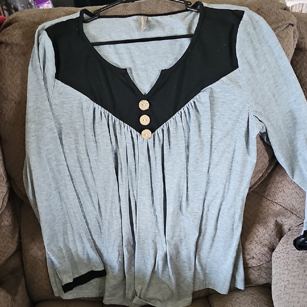 Chic Black and Gray Women's Blouse with Button Accents